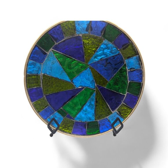 Vtg MCM SIGNED Jon Matin 12" Round Stained Foil Glass Tray/Platter Plate 1950's - Picture 6 of 12